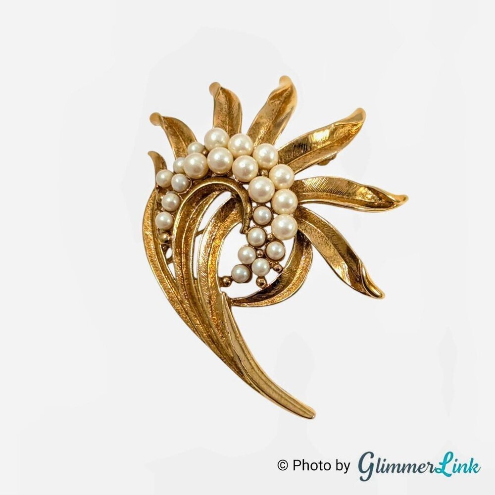 Vintage Monet Brooch – Gold Tone Leaf Spray Wave Design with Faux Pearls, 2 1/2"